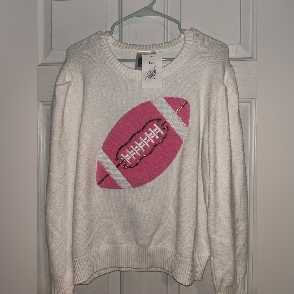 Queen of Sparkles white w/ Pink football sweater Size L NWT